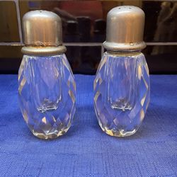 Antique Heavy Crystal Salt/pepper Shakers With Pewter Lids 