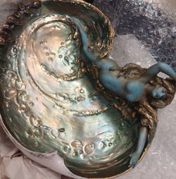 Antique Art Nouveau Porcelain Maiden Sea Nymph Goddess Shell Centerpiece Gilded Gold Royal Rudolstadt Germany  Pre 1920s