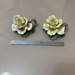 Set Of 2 Vintage Capodimonte Porcelain Yellow Roses