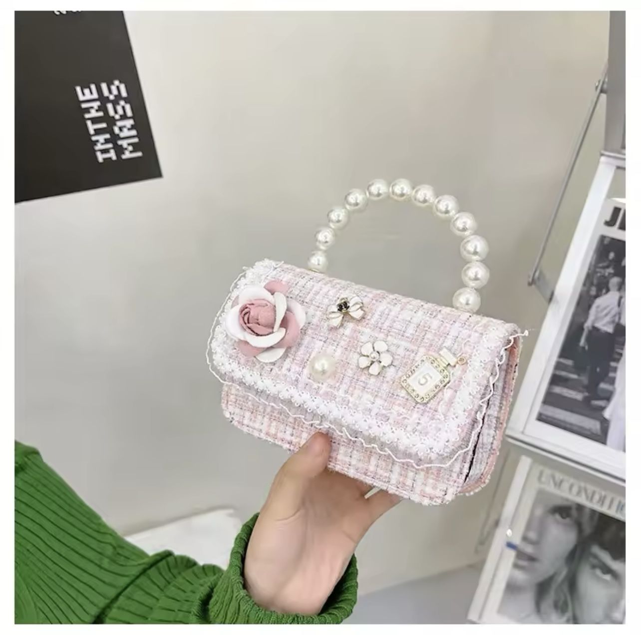 NEW girls super cute Pink Floral Pearl bag
