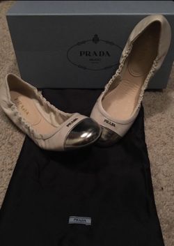 Authentic Prada Ballerina Flat In Creme And Silver Size 7