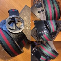 Men’s Gucci Belt Black Leather GG Red Green Stripe