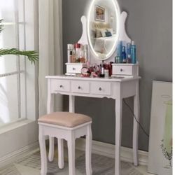 Makeup Vanity Desk and Stool Set,Mirror with Lights and 5-drawer Table Set for Bedroom