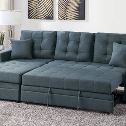 2 Pieces Blue Gray Sectional Set/ Convertible Sofa