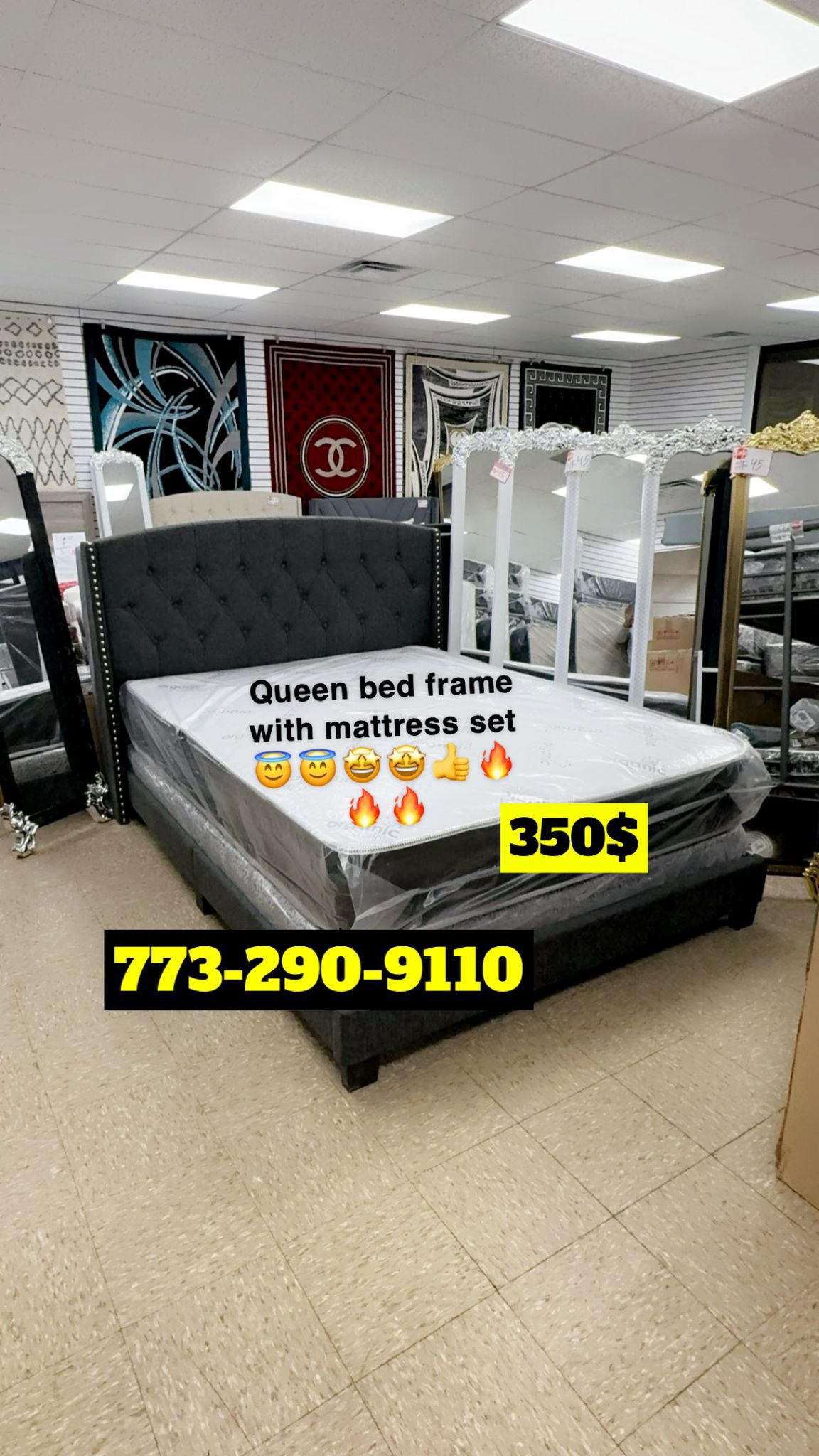 Queen Size Bed Frame Headboard With Mattress And Box Spring $350 Only Complete Bed Ready For Delivery 