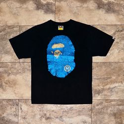 BAPE Glitter Big Ape Head Relaxed Fit Tee Black/Blue Size Small