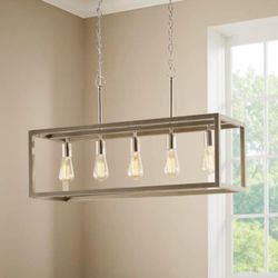 5 Light Brushed Nickel Linear Chandelier with Weathered Wood Accents