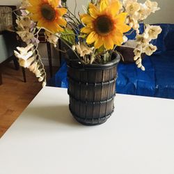 Antique Wooden Basket with 2 leather handles. New. Diameter: 9”. Hight: 11.5”.