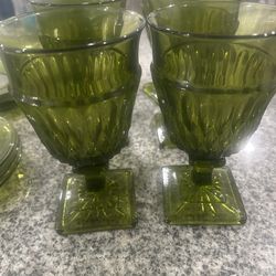 6 Vintage Indiana Glass Mt Vernon Green Water Goblets Glasses 6” Flare Avocado with plates