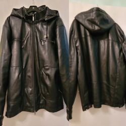 Emporio & Co Black Hooded Leather Cuero Jacket Coat Made In Italy XL