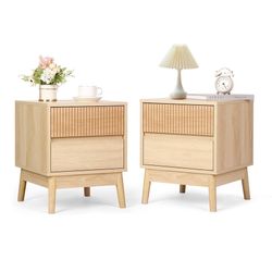 Fluted Wooden Nightstand Set of 2, Night Stands with with 2 Drawers, End Table, Side Table Wood Accent Table with Storage for Bedroom, Natural Oak