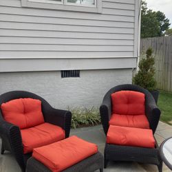 Matching Brown Wicker Outdoor Or Sunroom Chairs With Ottoman