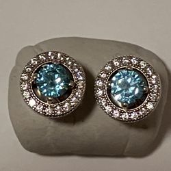 Blue Tourmaline And CZ Stud Earrings In .925 Silver Setting 