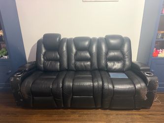 Black Leather Reclining Sofa with Cup Holders