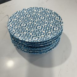8 Crate & Barrel Kate Spain Geometric Blue and White Salad Plates