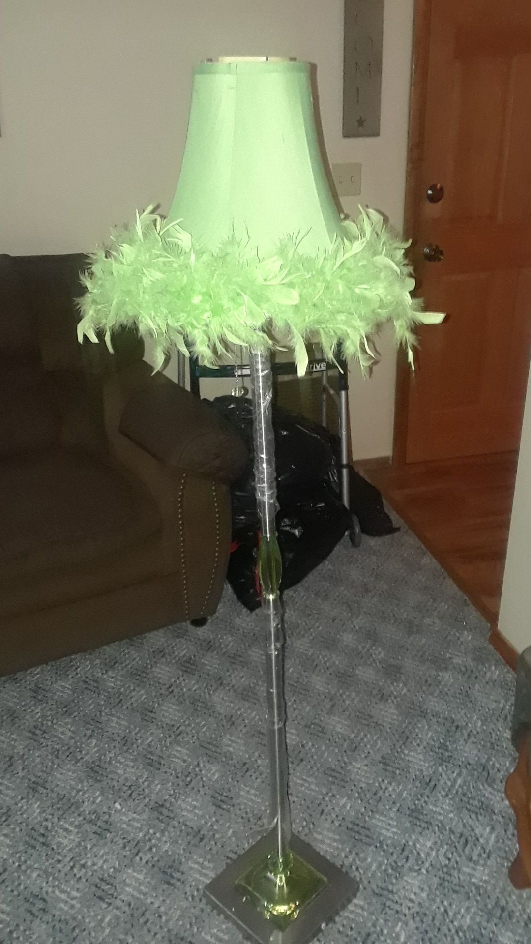 Green/Silver Floor Lamp with Green Feather Shade