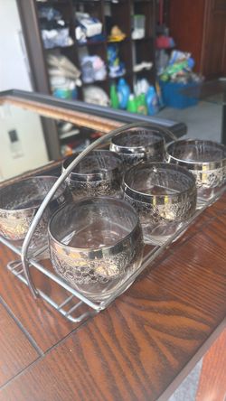 Silver Overlay Roly Poly Glasses with Caddy