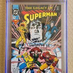 Superman the Legacy of Superman 1 (SS CGC 9.8) NM/MT x7 signed 

(1st app Auron)


Signed by


Jerry Ordway
Joe Rubinstein
Louise Simonson

Art Adams
