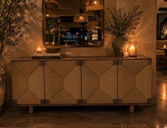 Woven Rattan Panel Wood Sideboard Buffet Cabinet