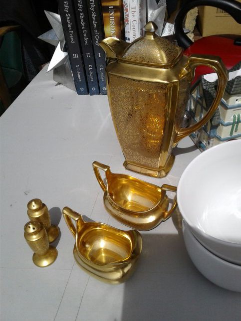 Gold Tea/Coffee Pot + Creamer & Sugar Bowl + Salt and Pepper Shakers