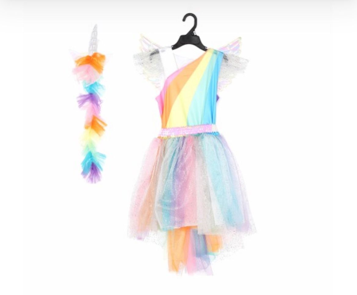 Rainbow Unicorn Halloween Costume Dress Wings Headpiece Size 4T-5T.