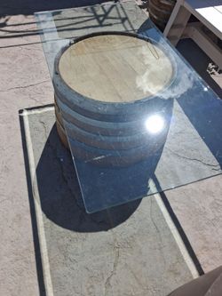 2- glass top barrels patio coffee table's **heavy Duty glass**must Go!! $75 each