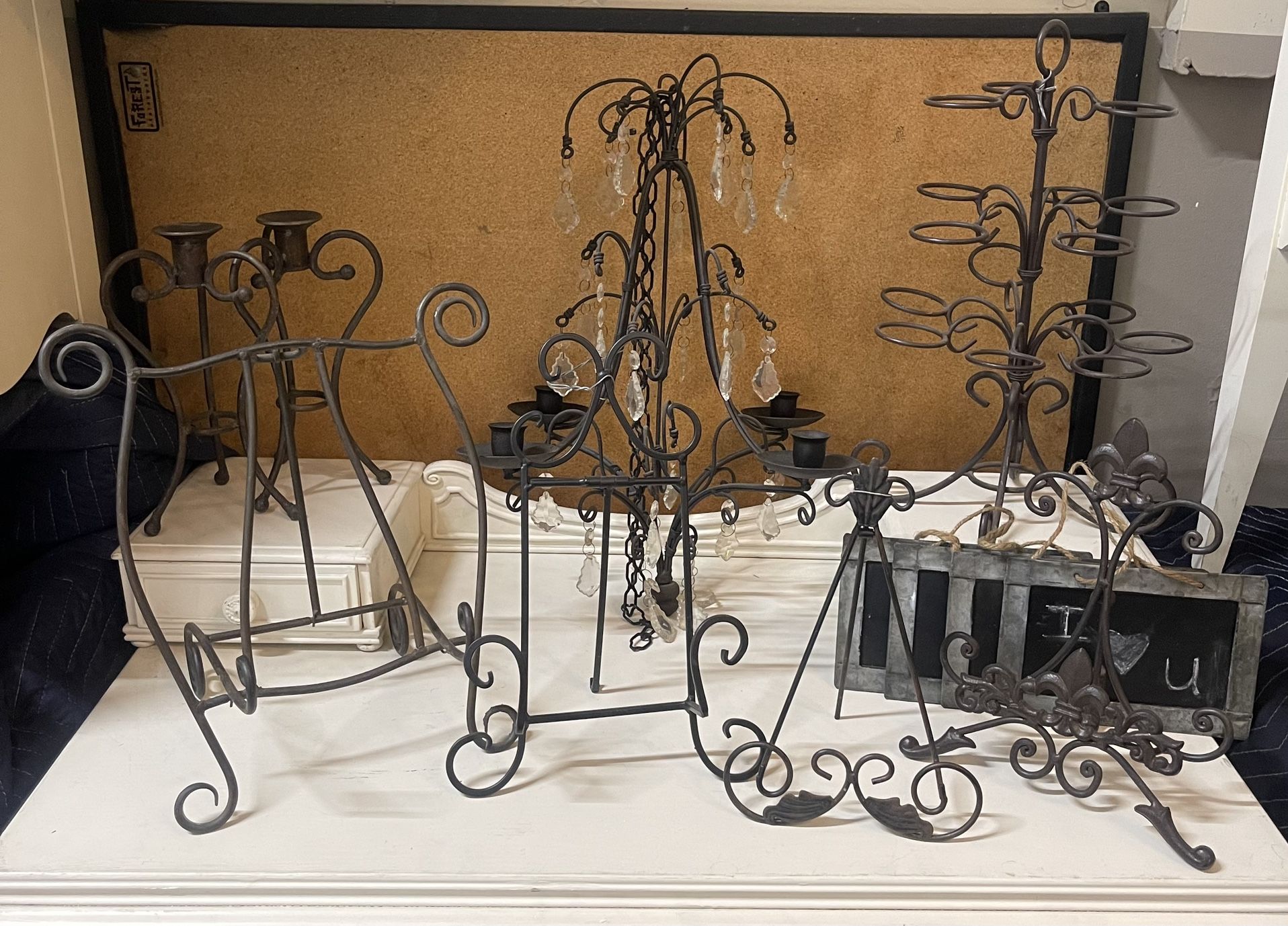 Lot Of Wrought Iron Easels, Candle Holders And A Pair Of Scones 