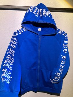 Blue Zip-Up Hoodie with Old English Print