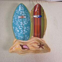 Clay Art Vintage Stuff Surfboard Beach Serving Platter Tray Hand Painted 18"