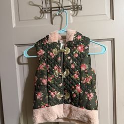 Girls Little Lass Sleeveless Vest Size 5 Kids Green Pink Flowers Zip Hooded 