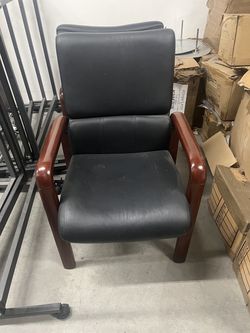 Black Leather Office Guest Chair with Wood Frame – Good Condition-2sets