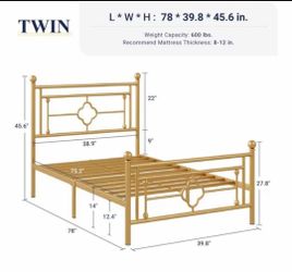 Twin bed Metal Platform Bed Frame, Victorian Headboard, Gold Heavy Duty Metal Slats Support, Mattress Foundation, Under Bed Storage, No Box Spring Nee