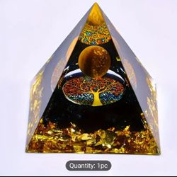 Orgone Tree of Life Pyramid- Natural Tiger Eye and Obsidian energy generator for meditation.