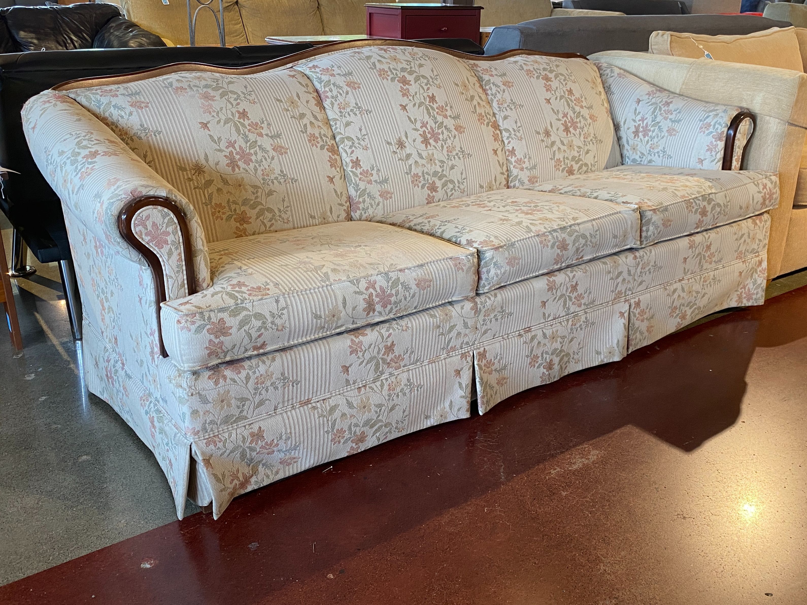 Skirted Floral Sofa w/ Wood Trim