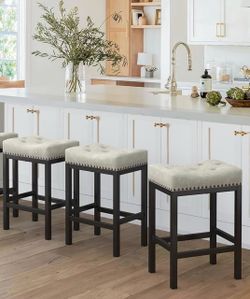 LUE BONA Bar stools Set of 3, 24 Inch Saddle Backless Faux Leather Counter Height Stools with Black Metal Legs, Light Beige Gray