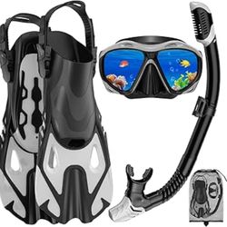 Snorkeling Gear for Adults, Mask Fin Snorkel Set, Dry Top Snorkel Mask, Panoramic View Anti-Leak Anti-Fog 3 in 1 Snorkeling Kit Travel Diving Package 