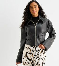 Black Faux Leather Cropped Utility Zip Jacket