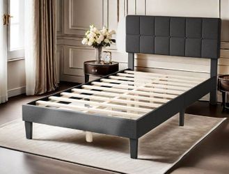 NEW! Twin Bed Frame w/ Adjustable Upholstered Headboard in Dark Grey