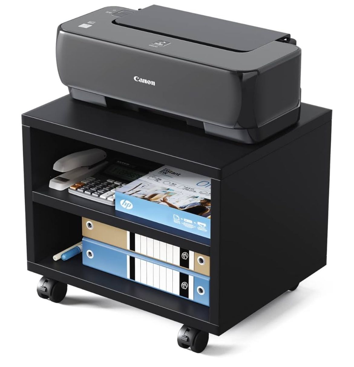 Printer Stand with Storage - Wood Under Desk Printer Table with Wheels 15.7x11.8x14 Inch, 2 Tier Small Black Rolling Printer Cart for Home, Office, Sc