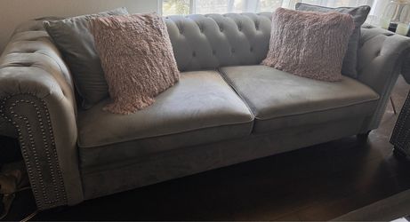 Gray Velvet Tufted 95" Rolled Arm Sofa