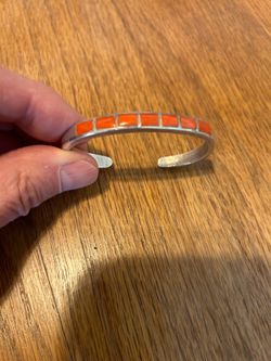 Beautiful Sterling Silver and Coral Inlay Cuff Bracelet