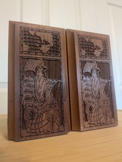 MID CENTURY MODERN Lasercraft Walnut Wood Bookends MCM Nautical Ships World Map