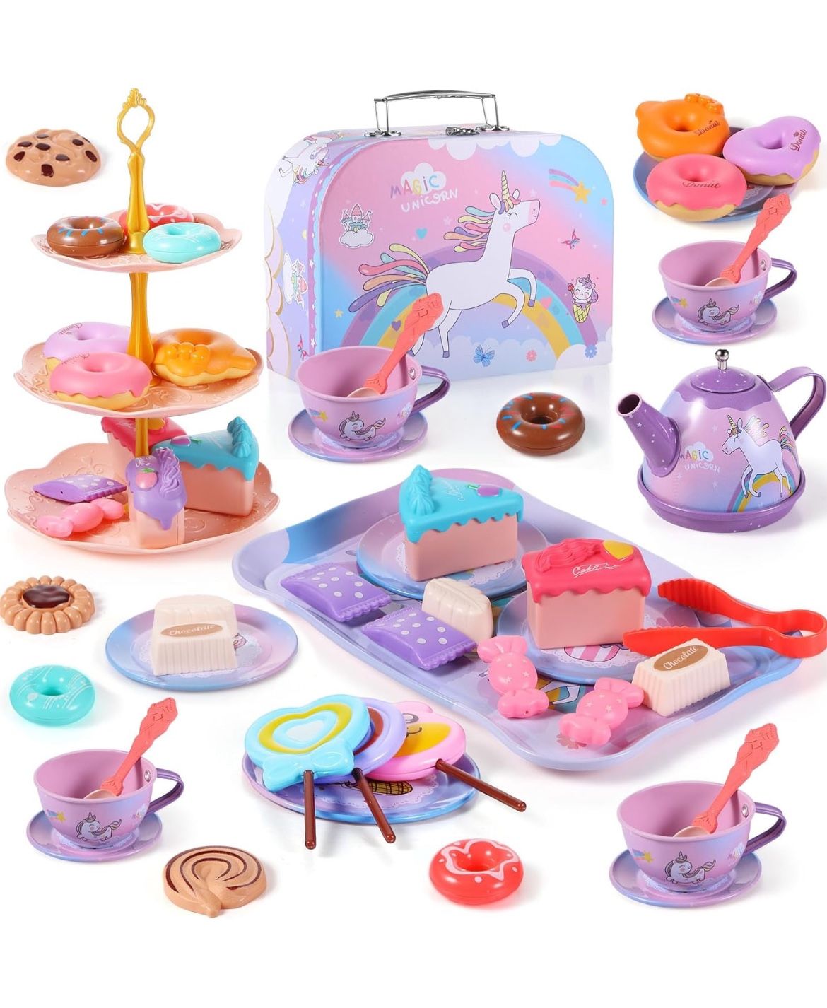 Kids Tea Party Set for 3 Year Old Girls Princess Tea Pretend Toy Kids Kitchen Pretend Play Tea Party Set Toys with Dessert Doughnut Carrying Case for 
