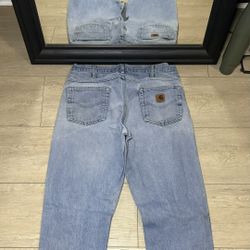 Vintage 2000s Carhartt 34 x 34 Straight Leg Distressed Light Washed Denim Jeans
