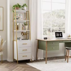 White Gold 4-Tier Bookshelf, Tall Bookcase with 3 Wooden Drawers, Modern Ladder Book Shlef Storage Organizer for, Customized