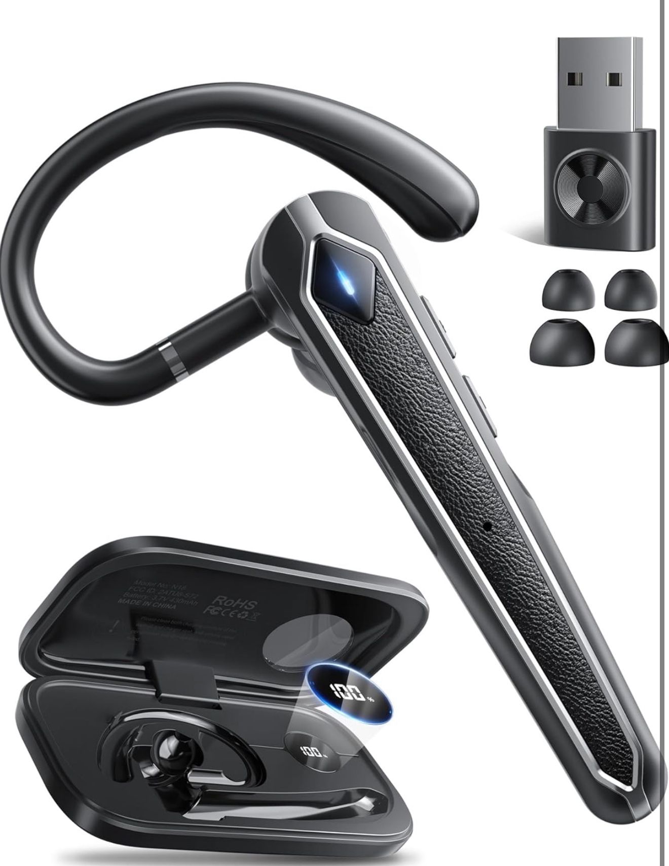 Brand new Bluetooth Headset V5.4, Wireless Bluetooth Earpiece with USB Dongle and Charging Case, Hands Free Noise Canceling Headphones with Dual-Mic f