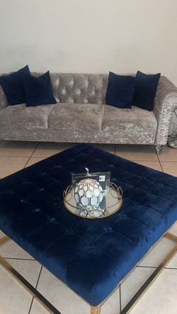 Navy Blue Velvet Tufted Ottoman with Gold Frame