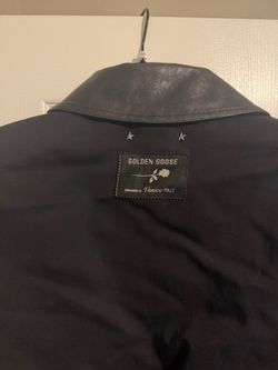 Golden Goose Men’s Short Padded Jacket Black Leather Point Collar Zip Down 50