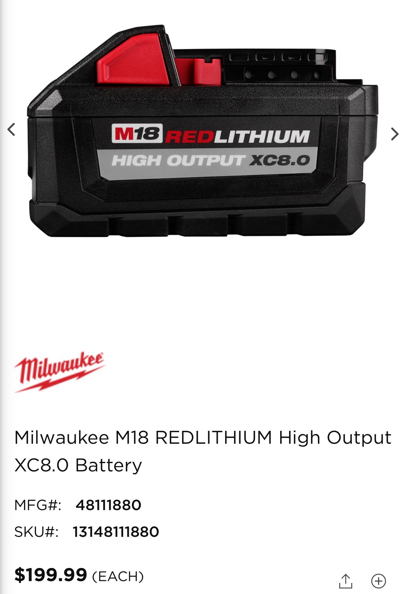 Milwaukee M18 XC8 Red Littium Y Top Off 175 M Power