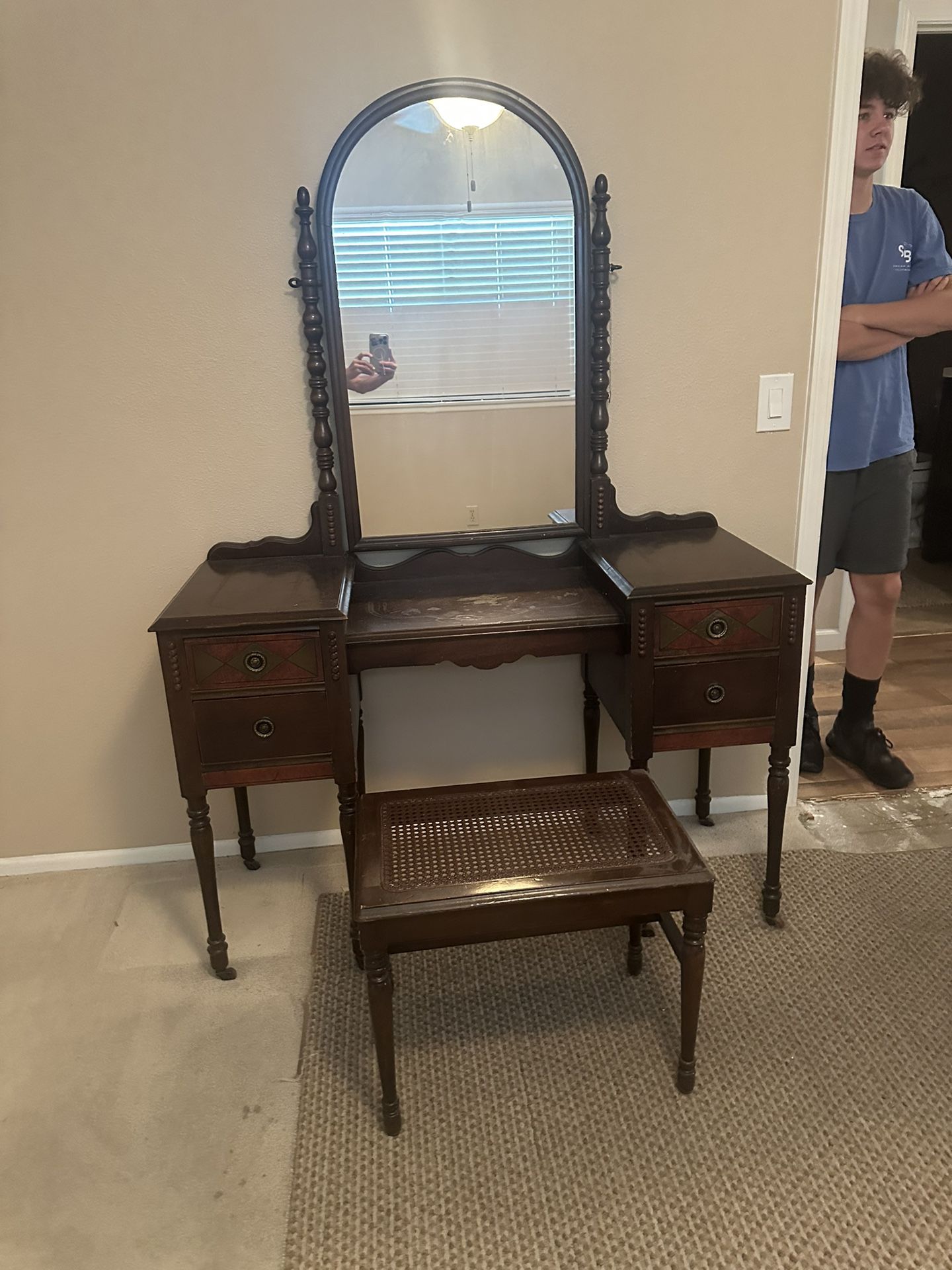 Antique Vanity With Mirror & Stool